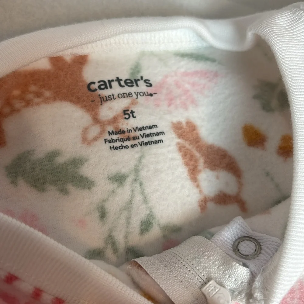 NWT 2 Pc Set Carter's Fleece Green Pink Deer White Forest Footie Nonslip Sole